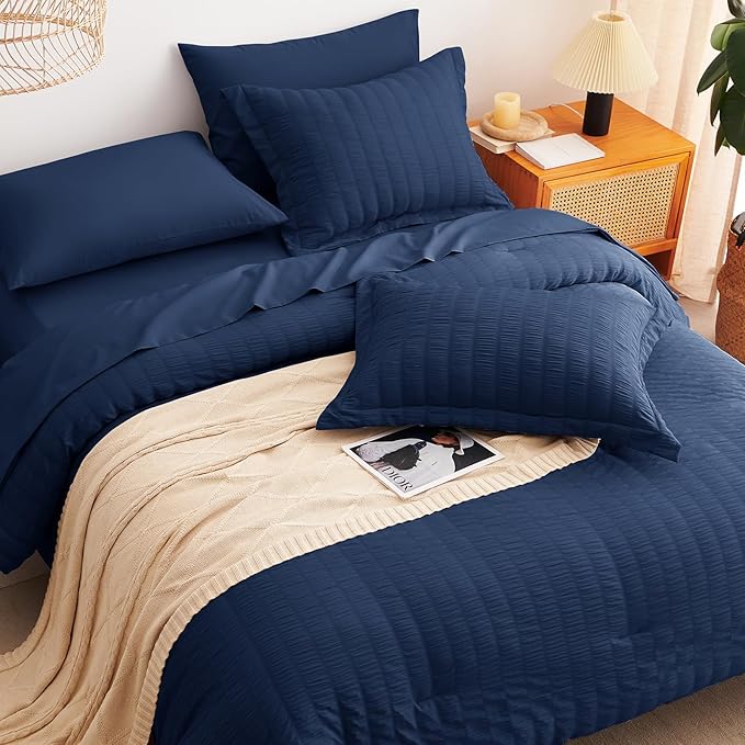 CozyLux Full Size Comforter Sets with Sheets Seersucker 7 Pieces Navy Blue Bed in a Bag Textured Luxury Soft Bedding Set with Down Alternative Comforter, Sheets, Pillowcases & Shams for All Seasons