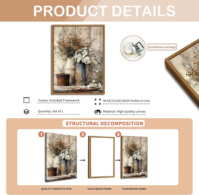 Floating Framed Farmhouse Vintage Canvas Wall Art, Country Floral Daisy Pictures Wall Decor, Wood Grain Art Paintings Poster for Living Room Bedroom Bathroom Rustic Decor 16x24 inch