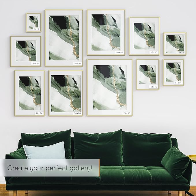 Homeforia 24x36 Gold Picture Frame, High End Metal 24 x 36 Large Poster Frames with Mat 20 by 30 inch Photo, 24x36 Gold Frame Matted to 20x30 for Print, 36x24 Frame, Tempered Glass, Wall Kit, Set of 1