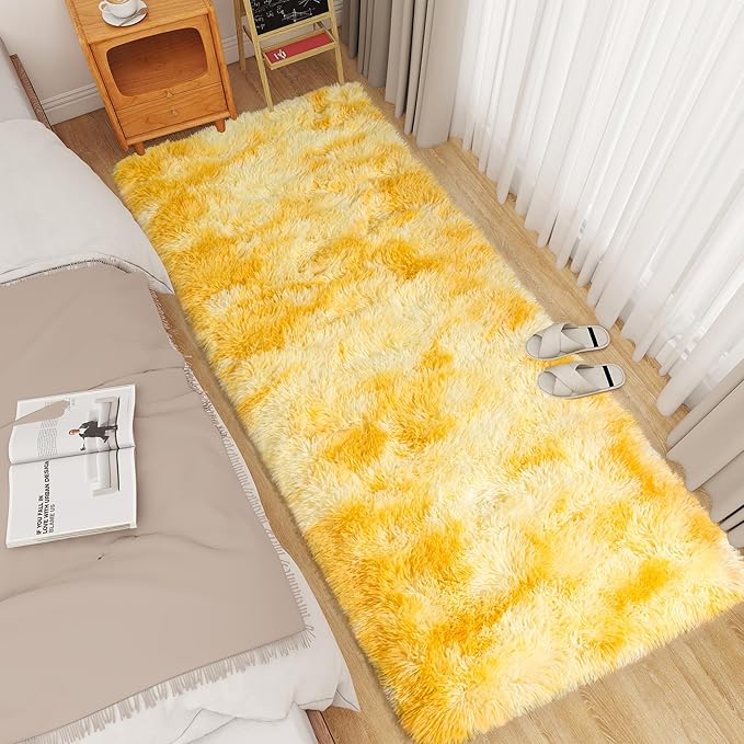 Small Rugs for Bedroom, 2x6 Fluffy Rug, Non-Slip Shag Soft Area Rug, Fuzzy Carpet for Kids Girls Boys, Modern Home Decor Aesthetic, Tie-Dyed Yellow