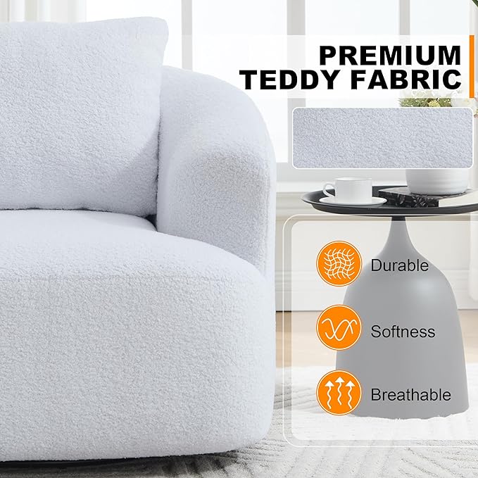 Luxlen Swivel Accent Chair with Pillow for Living Room, Teddy Fleece Upholstered Single Sofa, 360° Rotating Barrel Chair with Metal Base for Bedroom, Office, Apartment - White