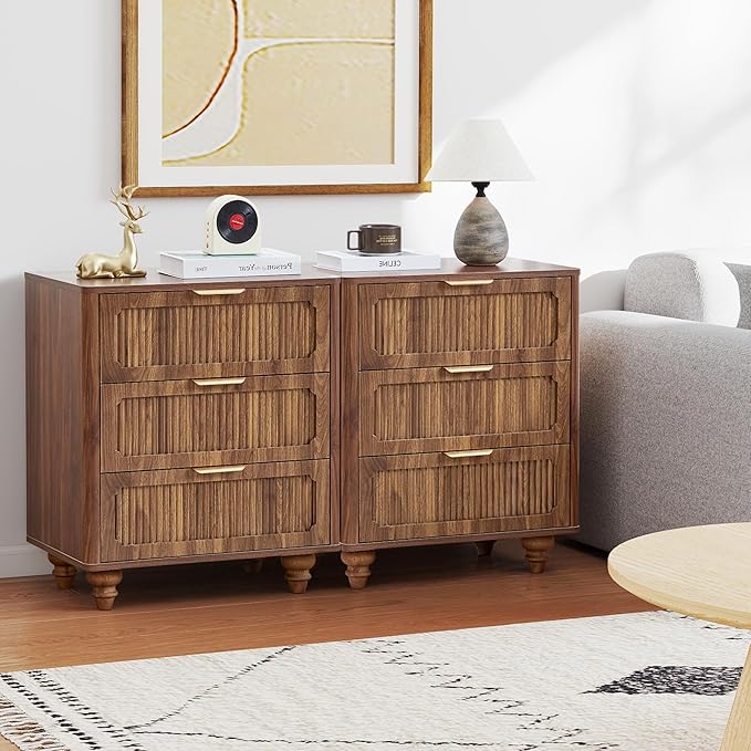 Fluted Nightstand Set 2 22.9'' Wood Nightstands with Drawers Bedside Table Set of 2 Mid Century Drawer Dresser for Bedroom Living Room Walnut