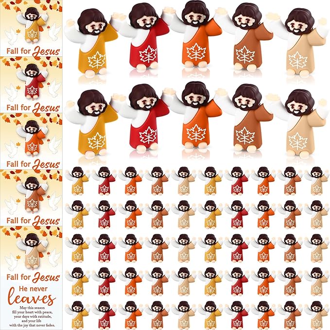 50 Pcs Thanksgiving Fall Jesus Figures Bulk 50 Fall for Jesus He Never Leaves Cards Little Maple Leave Figurines Greeting Cards Mini Pocket Figures for Religious Party Favors Gifts
