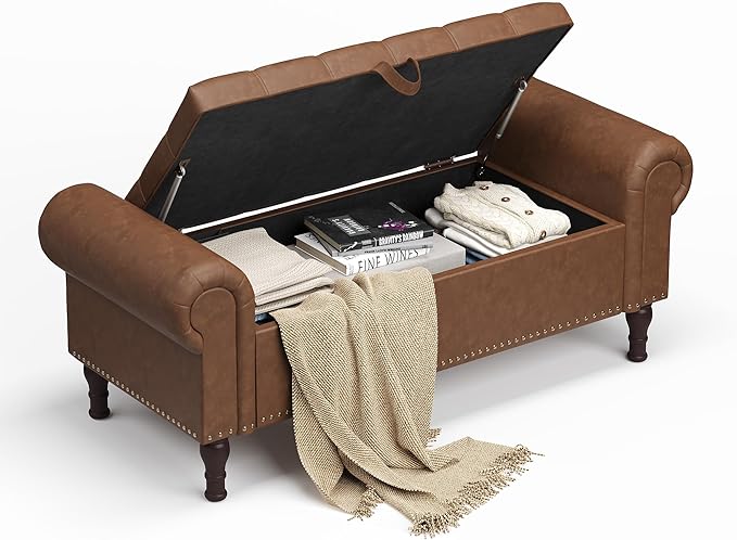 51" Storage Ottoman Bench for Bedroom, Full Queen Storage Bench with Button, Upholstered Bedroom Bench with Rolled Arms for Living Room, Storage Room, Entryway, Brown