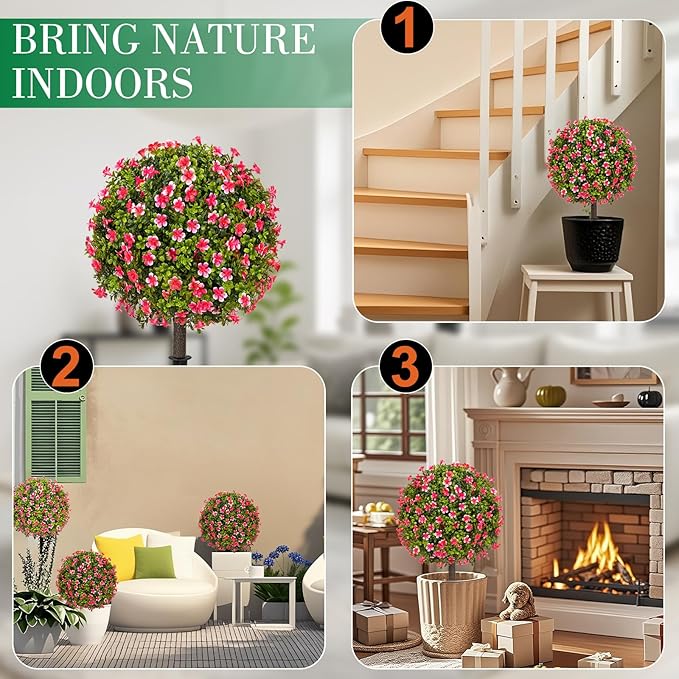 25" Artificial Boxwood Topiary Ball Trees with Rose Pink Flowers, Set of 2 UV Resistant No Fade Outdoor Faux Plants with Ground Spike, Fake Shrubs for Garden, Patio, Porch, Yard, Indoor Decor