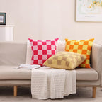 Alysheer Checkered Embroidered Decorative Throw Pillow Covers 18"x 18" Set of 2, Farmhouse Cottage Hot Pink Plaid Tufted Patterned Cotton Canvas Cushion Case for Sofa Couch Bed Living Room