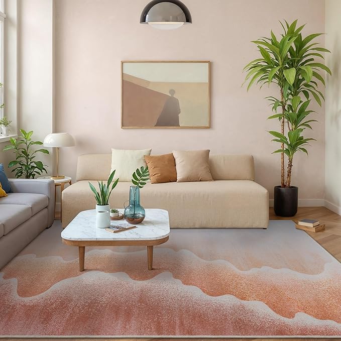 Area Rugs 8x10 for Living Room Bedroom, Modern Abstract Machine Washable Rug, Large Soft Low Pile Floor Cover with Non Slip Backing for Dining Room, Coral Pink