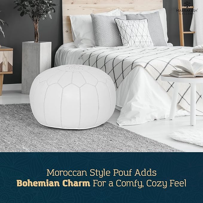 Marrakesh Gallery Genuine Leather Round Pouf Unstuffed - Moroccan Ottoman Footstool, Footrest Cover - Boho Decor - Bohemian Living Room, Bedroom, Kids Room, Gift & Wedding