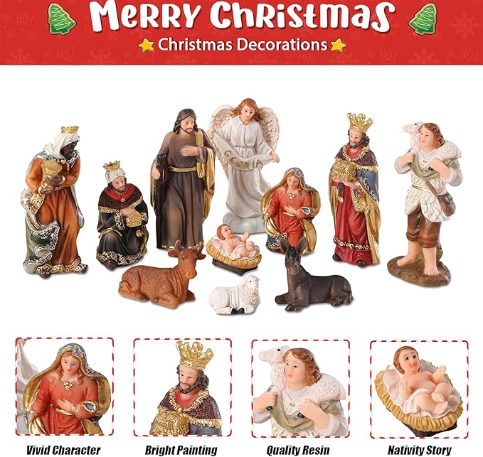 Nativity Scene Indoor 3.2 Inch 10 PCS Christmas Village Little People Nativity Collectible Bulidings Christmas Village Set Xmas Holiday Decorations Figures