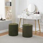 Modern Round Ottoman 2Pcs, Classic Foot Stool Ottoman, Teddy Fleece Upholstered Vanity Stool for Makeup, Bedroom, Living Room, Dark Green