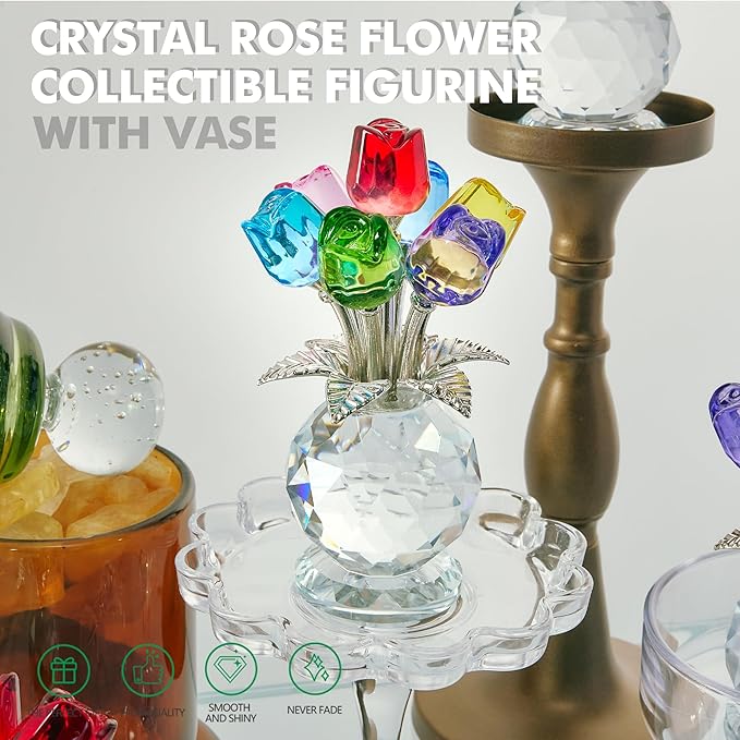 Crystal Colorful Rose Flower Collectible Figurine Glass Flowers with Vase Romantic Gifts for Wife Mom Women on Anniversary