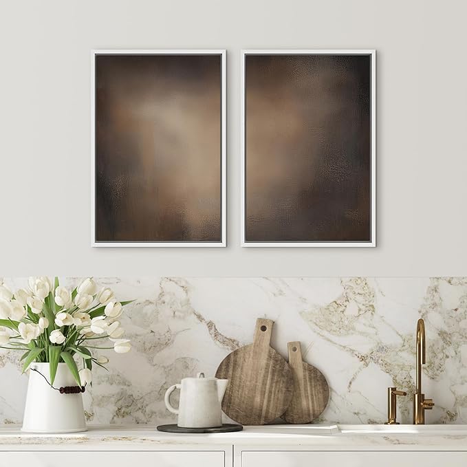 SIGNFORD Framed Canvas Print Wall Art Set Darkened Metallic Texture in Brown Tones Industrial Style Abstract Illustrations Modern Art Decorative for Living Room, Bedroom, Office - 16"x24"x2 White