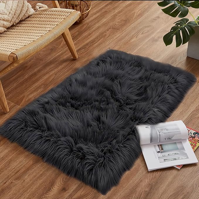 Goolela Black Fluffy Faux Fur Rug 2x3 Black Fuzzy Furry Sheepskin Rug Small Carpet for Bedroom Dorm Bathroom Washable Rectangle
