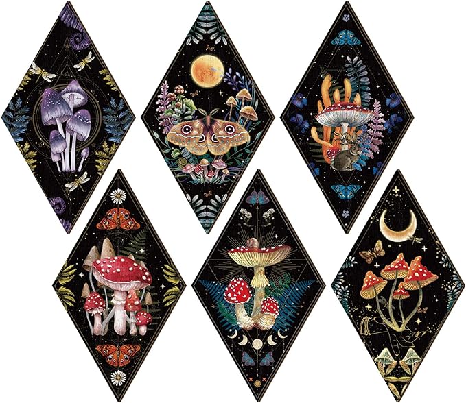 Sintuff 6 Pieces Halloween Gothic Wall Decor Boho Sun Moon Phases Wall Art Gothic Minimalist Stars Sun Hanging Wooden Home Decor Farmhouse Pediments for Gallery Living Bedroom Room(Mushroom)