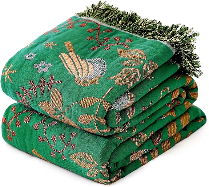 Green Summer Blanket 60''x 80'' Boho Throw Blankets for Couch Bed Chair,100% Cotton Quilts Christmas Warm Soft Blanket Muslin Bed Blankets Farmhouse Decoration