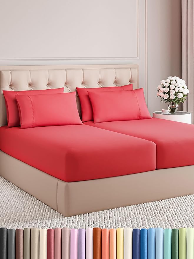 Split King Sheets Set 7 Piece - Includes 4 Pillowcases - Bed Sheets Split King Size - Soft Hotel Luxury Bedding - Cooling, Comfy & Breathable - 1 Flat & 2 Fitted & 4 Pillowcases w/ Deep Pockets - Red