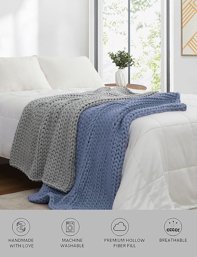 YnM Chunky Throw Blanket, Medium-Weight, Hand Knitted, Skin Friendly, Ventilated and Breathable, Machine Washable, Home Décor Piece for Couch, Sofa and Bed (Cerulean Blue, 50x70 Inch)