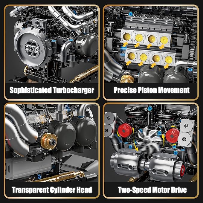 W16 Engine Building Blocks Set for Adults, STEM Mini 16-Cylinder Engine Model Kit That Runs, Compatible with Lego Car, DIY Physical Science Experiment Toy for Teens Kids Boys (801 PCS)