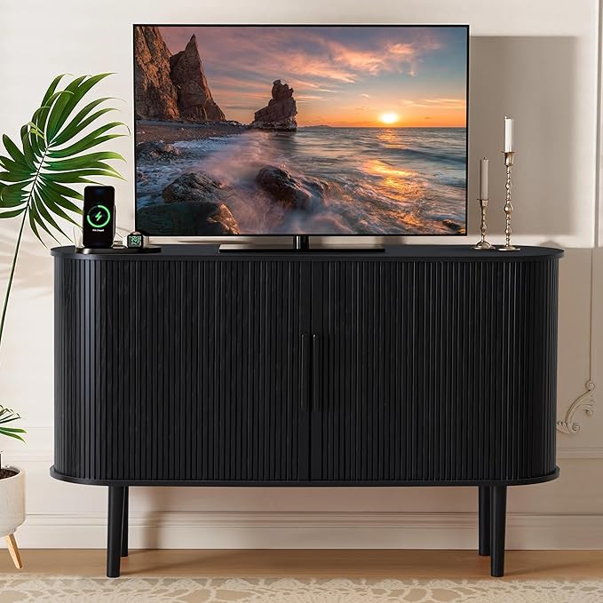 53''Sideboard Buffer Cabinet with Fluted Slide Doors, Modern Credenza Storage Cabinet, Tambour Bar Console Table for Living Dining Room Kitchen Hallway Entryway, Black