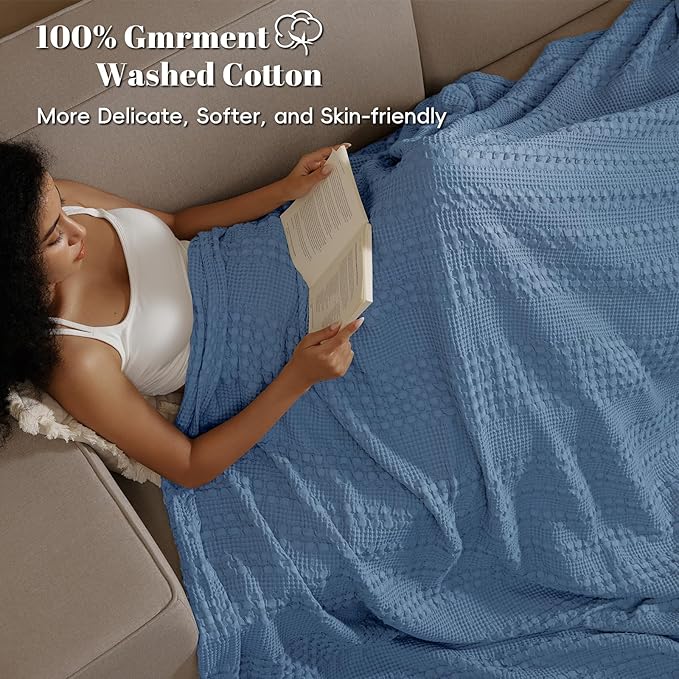 PHF 100% Cotton Waffle Weave Blanket Twin Size, Soft Lightweight Breathable Cozy Summer Blankets for Bed, Luxury Aesthetic Woven Bedding for Home Decor, 66"x90", Captain's Blue