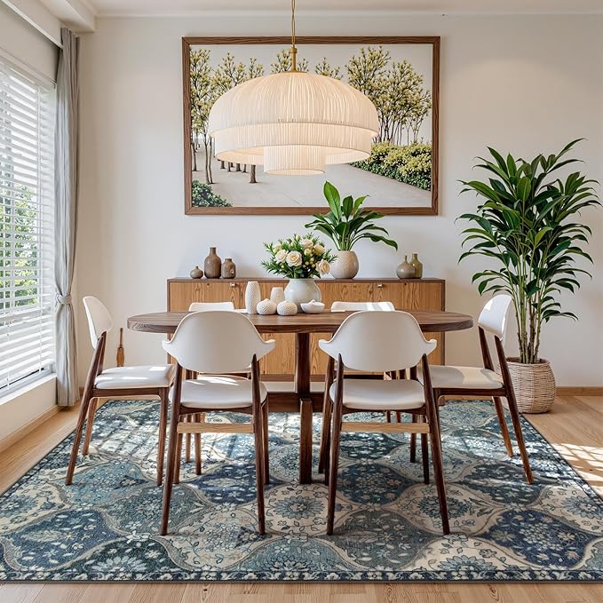 Lahome Moroccan Trellis Washable Rugs 9x12, Soft 9x12 Area Rug for Living Room Bedroom, Ultra-Thin Non-Slip Non Shedding Distressed Throw Large Carpet for Dining Room Office, Blue