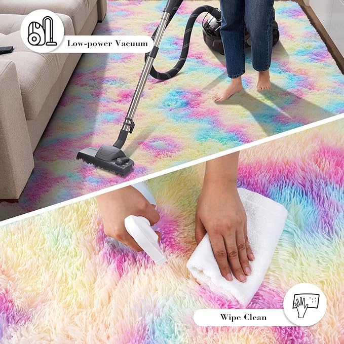 Rainbow Fluffy Rug Shaggy Area Rug, 6x9 Area Rugs for Girls Bedroom, Big Soft Shaggy Bedside Non-Slip Plush Dorm Nursery Kids Carpet Home Decor Aesthetic