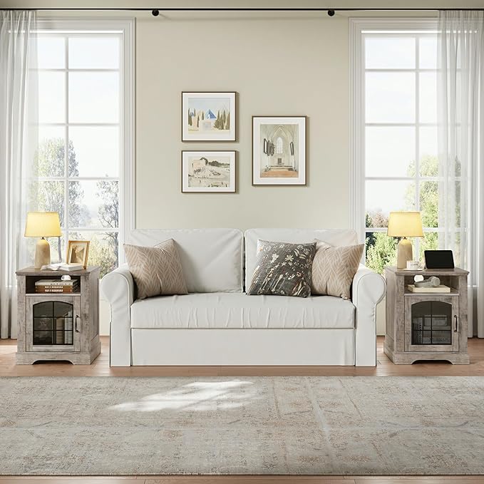 HOOBRO Small Farmhouse End Table for Living Room, Rustic Nightstand with Charging Station, Wooden Sofa Side Table with Tempered Glass Barn Door, for Bedroom, Greige GY405UBZ01