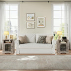 HOOBRO Small Farmhouse End Table for Living Room, Rustic Nightstand with Charging Station, Wooden Sofa Side Table with Tempered Glass Barn Door, for Bedroom, Greige GY405UBZ01