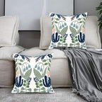 Alysheer Floral Embroidered Summer Decorative Throw Pillow Covers 20"x 20" Set of 2, Farmhouse Cottage Navy Blue Green Flowers Leaves Knit Pattern Cotton Canvas Cushion Case for Couch Bed Living Room