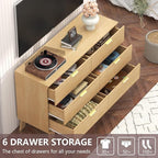 Fluted Dresser for Bedroom,6 Drawer Dresser for Closet,47" Wide Storage Cabinet and Chest of Drawers with Gold Handle,TV Stand,Storage Organizer for Living Room,Hallway,Entryway,Nature Oak