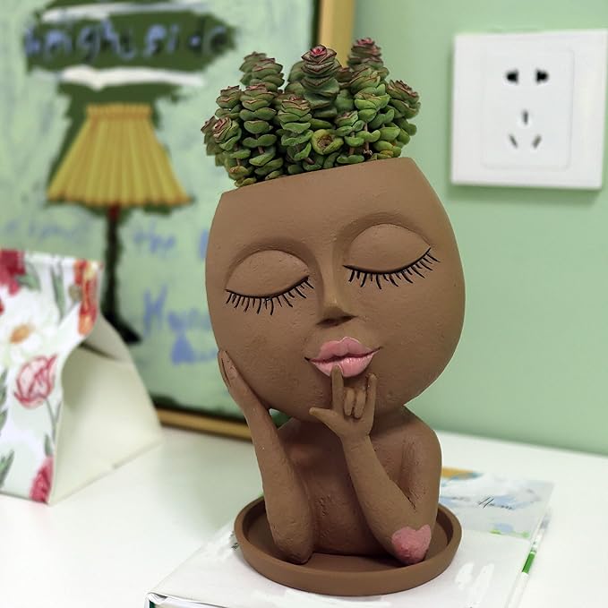 Face Flower Pots Head Planter, Cute Resin Planters for Indoor Outdoor Plants, Macetas para Plantas Funny Head Plant Pot