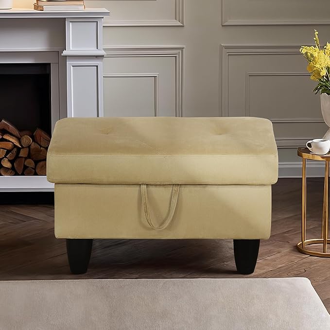 Ottoman Rectangular Storage Ottoman Bench, Flannel Footrest Stool Footstool with Lid for Living Room, Bedroom, Entryway, Light Brown, 28.5"x19"x17.5"