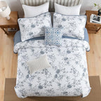 DDUOXIN Botanical Oversized King Bedspread - 120" W x120 L Extra Wide 100% Cotton California Quilt, Lightweight Reversible Oversize Bedspreads with 2 Pillow Shams, Blue/White/Pale Blue Gray
