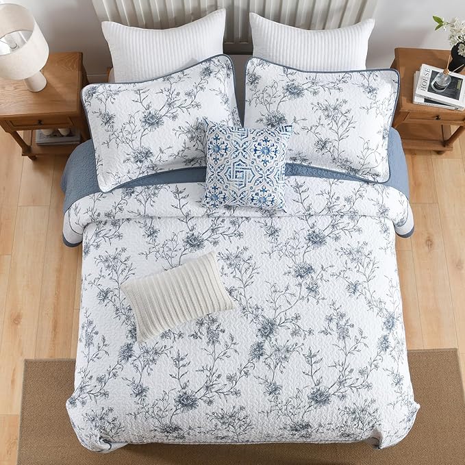 DDUOXIN Botanical Super Oversized King Bedspread - 128" W x120 L Extra Wide 100% Cotton California Quilt, Lightweight Reversible Oversize Bedspreads with 2 Pillow Shams, Blue/White/Pale Blue Gray