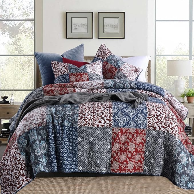 Yvooxny Quilts King Size Bedspread Quilt Set Lightweight Reversible Coverlet Set Real Patchwork Quilted Bedding Set for All Seasons, Bohemian Floral Style, King Size
