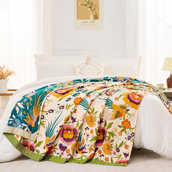 Boho Throw Blanket for Bed, 100% Cotton Soft Rustic Quilt Fall Blanket, 90"x98" Floral Printed Farmhouse Decor Bed Blankets, All Season Rustic Reversible Bohemian Throw Quilt