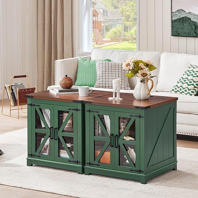 Farmhouse End Table with Charging Station, 24" Large Sofa Side Table with Glass Barn Door, Green Nightstand with Adjustable Storage Shelf, Wood Square Bedside Table for Living Room, Bedroom