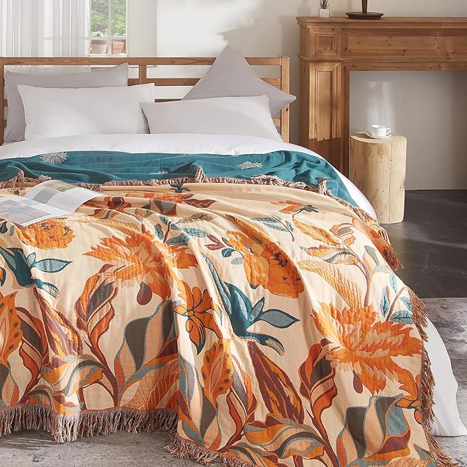 Boho Throw Blanket for Couch Sofa Bed, 100% Cotton Woven Quilt with Tassel 90”x98”, Super Soft Muslin Blanket with Floral Printed, Decorative Reversible Bed Blanket/Cover for All Seasons