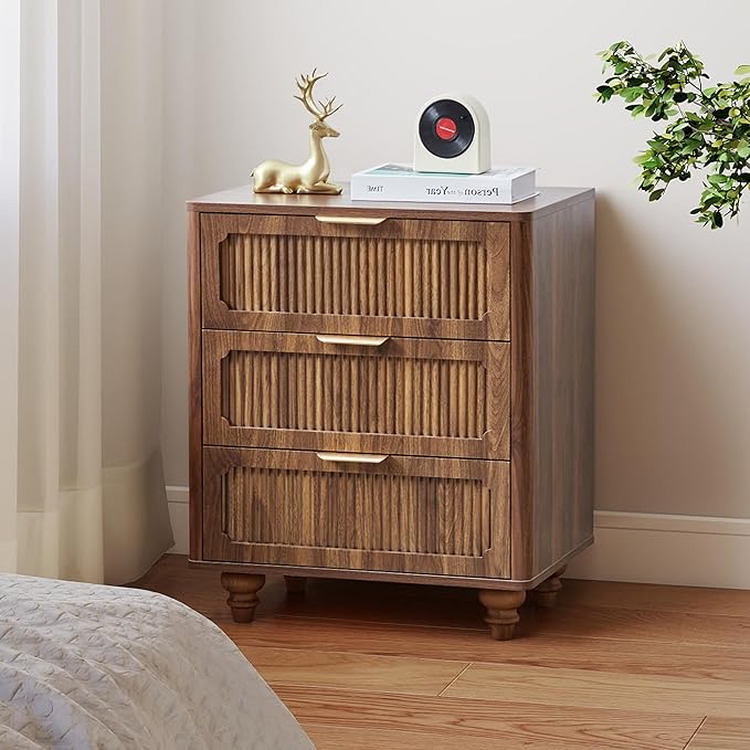 Fluted Nightstand Set 2 22.9'' Wood Nightstands with Drawers Bedside Table Set of 2 Mid Century Drawer Dresser for Bedroom Living Room Walnut