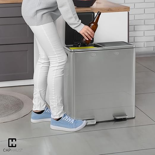 CAPHAUS Dual Trash Can with Double Lid, Trash and Recycle Bins Combo, Hands-Free Stainless-Steel Garbage Can for Kitchen, with 2 Compartment, Hinged Lid, Odor Filters, Handles, 30L+30L, 2 x 8 Gallon
