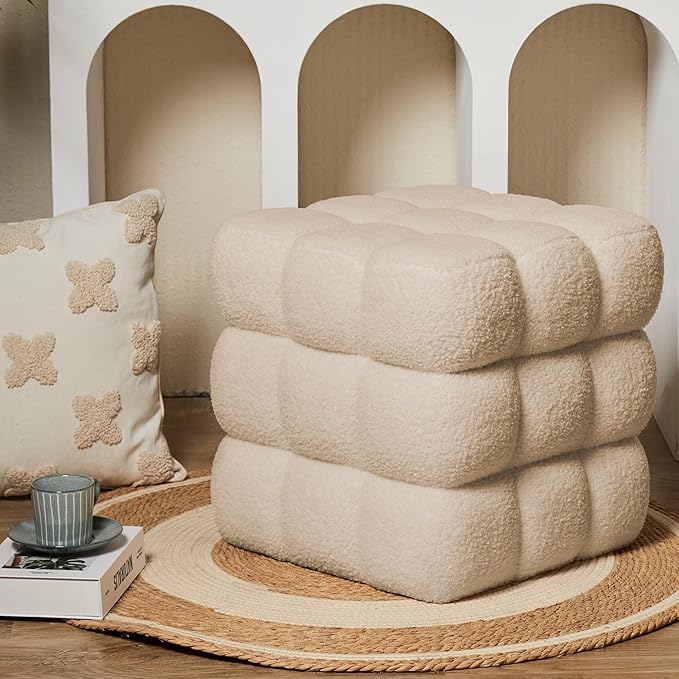 17''3 Square Ottoman Pouf Installed,Sturdy Wooden Frame,Capacity 330 lbs,Modern Sofa Stool Fuzzy Sherpa Footstool,Foot Rest,Cube Boucle,Vanity Stool,for Couch Living Room(Peach Fur)