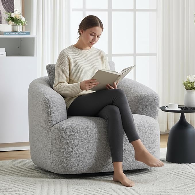 Swivel Accent Chair,360° Rotating Barrel Chair,Teddy Fleece High-Resilience Sponge Single Sofa, Easy Assembly for Living Room, Bedroom, Apartment Light Grey