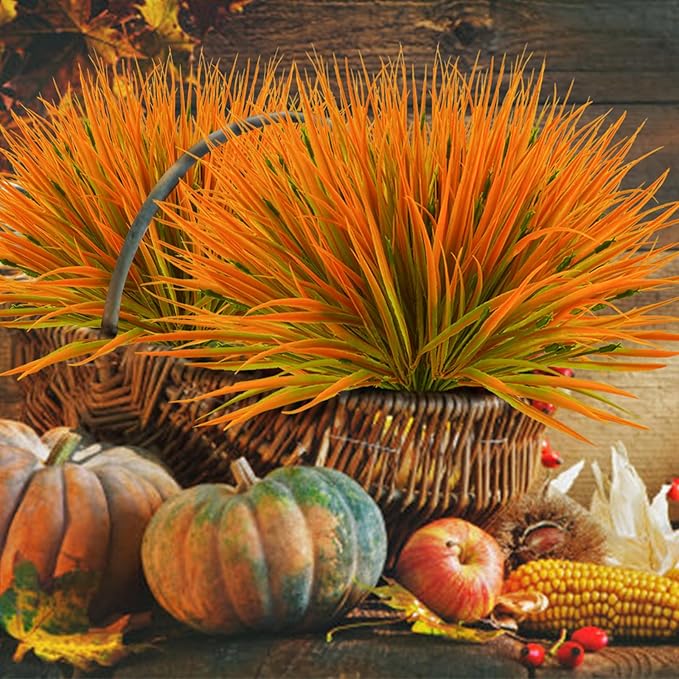 Krissing 40 Bundles Artificial Fall Grass Plant Outdoor UV Resistant Fake Faux Grass Outdoor Fall Faux Plants Greenery Shrubs for Home Garden Porch Outside Fall Decor