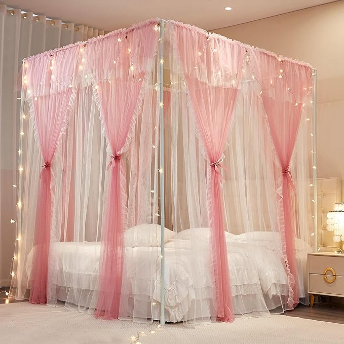 4 Corners Post Princess Curtains Bed Canopy for Girls 8 Panels Curtain- Double Layer Sheer Mesh Canopies Drapes Girls Room Decor (8P-Pink/White, 4P(33"x82") W+4P(43"x82") L/(Queen))