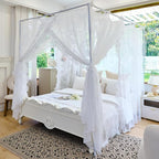AIKASY Elegant Lace Princess 4-Poster Bed Canopy Mosquito Net - Romantic Wedding Bridal Bedroom Decor, Kids Room Bed Curtain for Women Adults - (White-2,King)
