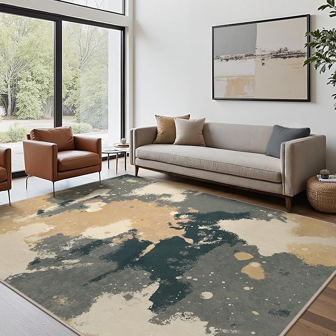 Area Rugs 8x10 for Living Room Bedroom, Modern Splash Abstract Machine Washable Rug, Large Soft Low Pile Floor Cover with Non Slip Backing for Dining Room, Cream/Gray/Brown