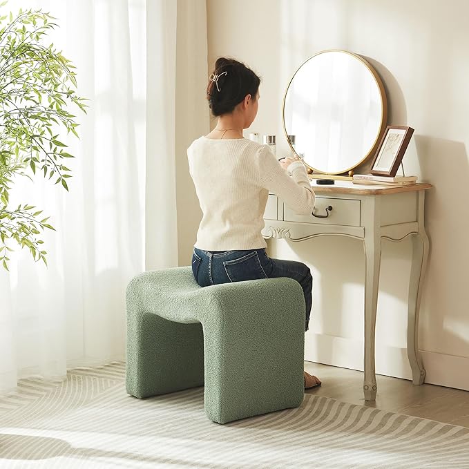 Vanity Stool Foot Rest Small Footstool Ottoman Chair Seating Backless Modern Teddy Velvet Ottoman for Makeup Room Living Room Bedroom Entryway,(Single 1) Green