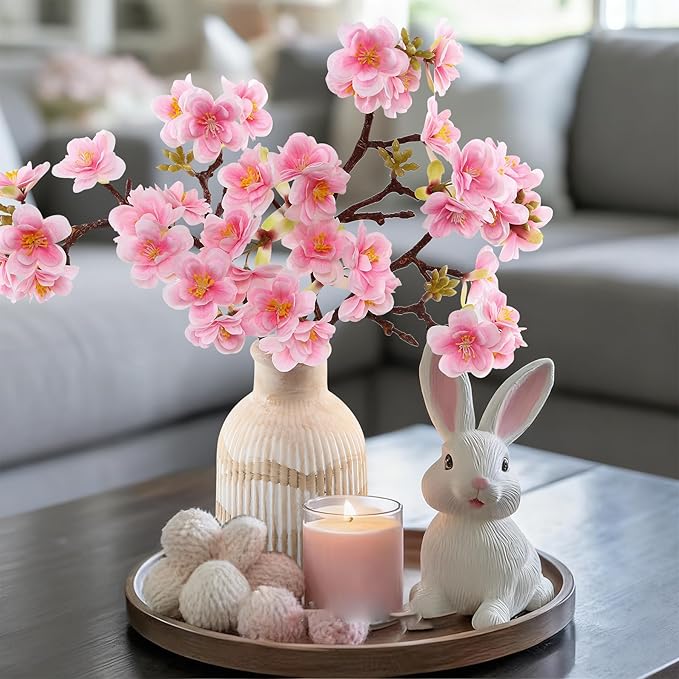 Fake Flower with Vase,3pcs Real Touch Pink Cherry Blossom Flowers in Vintage Ceramics Vase for Home Bathroom Office Desk Party Centerpiece Coffee Table Decor