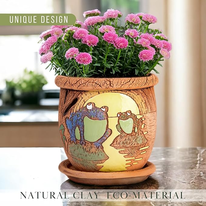 Ceramic Pot with Drainage Hole and Saucer, Plant Pots, Modern Decorative Planters for House Plants Indoor Flowers Plants, Cute Flower Pot - Gifts (Frogs (1.6 L))