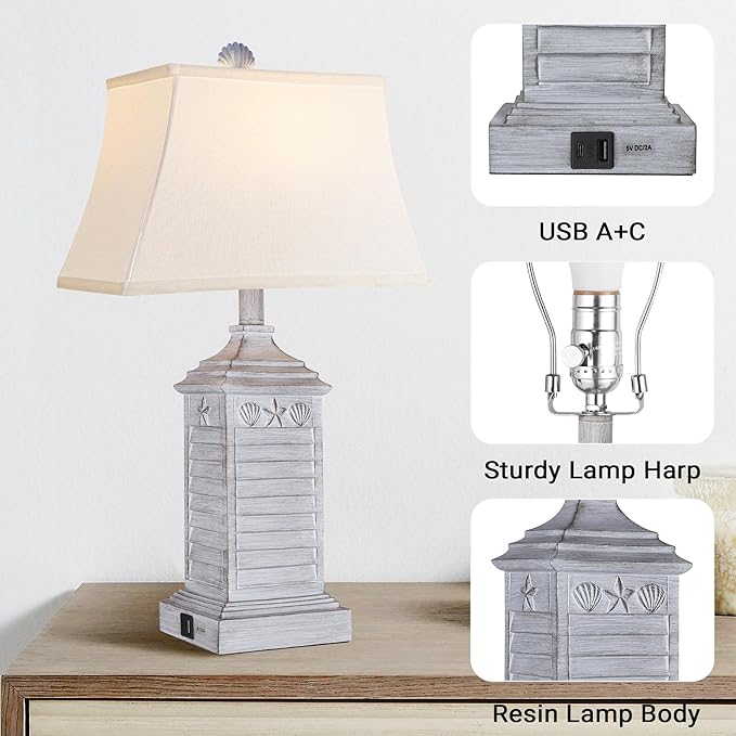 Hamucd Coastal Table Lamps Set of 2, Beach Living Lamps for Bedroom with USB A+C, Antique Grey Modern Resin LED 3-Color Temperature Bedside Nautical Decor, Nightstand Tropical Lamps for End Table.